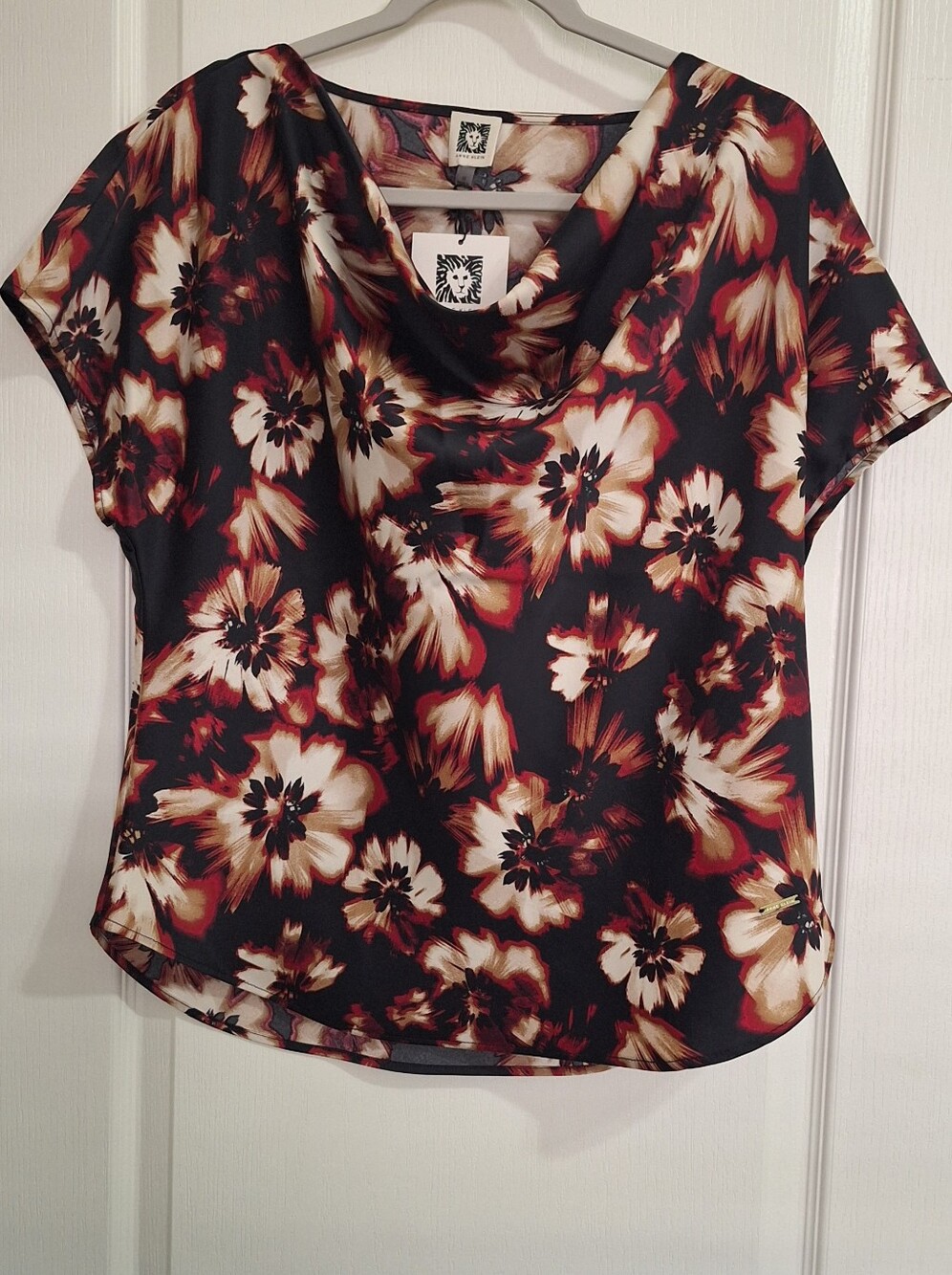 NWT Anne Klein Black Multi Fall Flower Colors Cowl Neck Blouse Short Sleeve Sz M